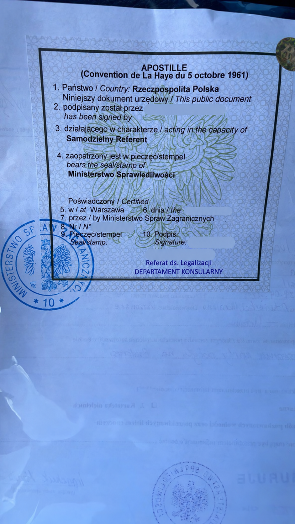 Example of an apostille on a client's document