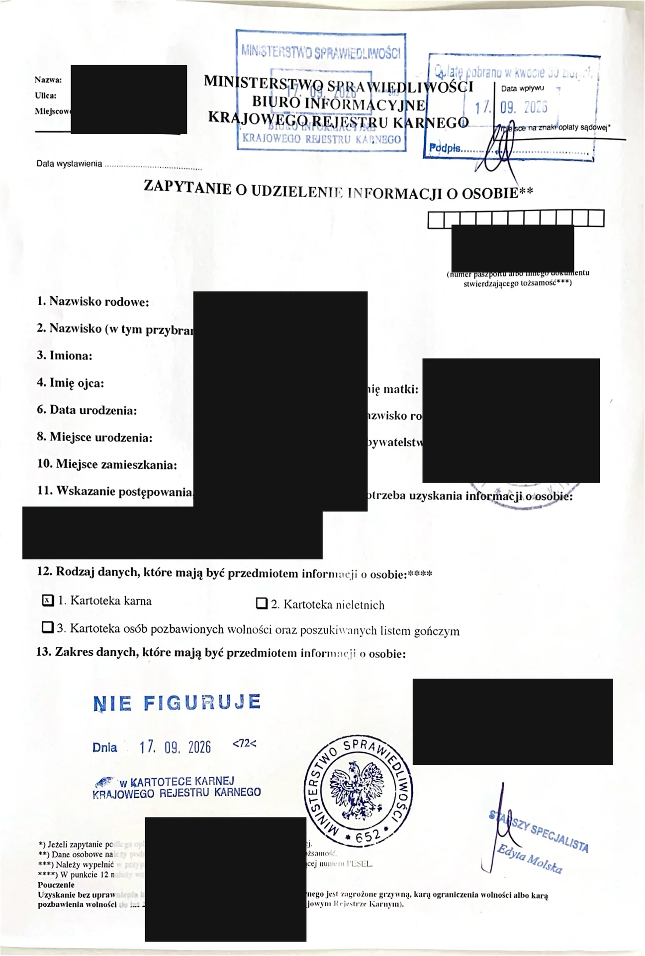 Wniosek i wynik z polskiego Krajowego Rejestru Karnego