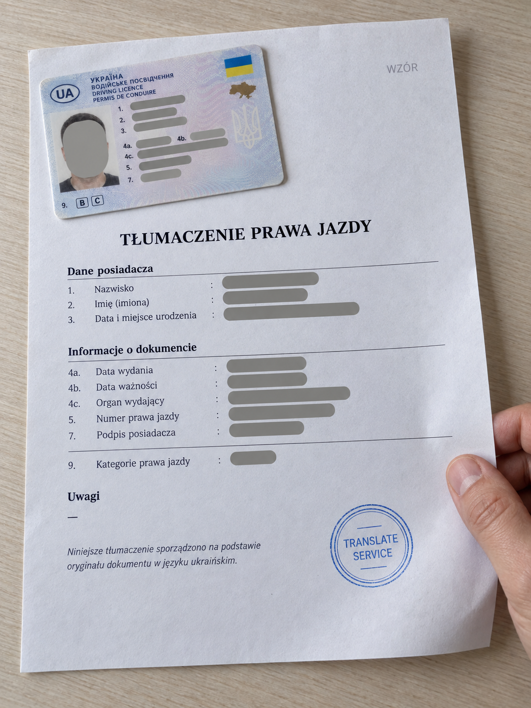 Украинское водительское удостоверение на листе польского перевода в руке