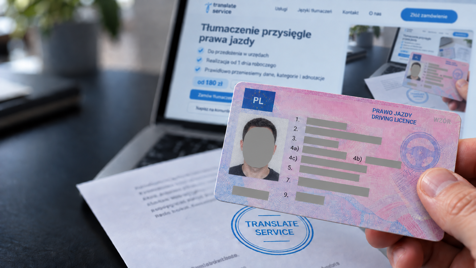 Водійське посвідчення та його переклад поруч із ноутбуком Translate Service