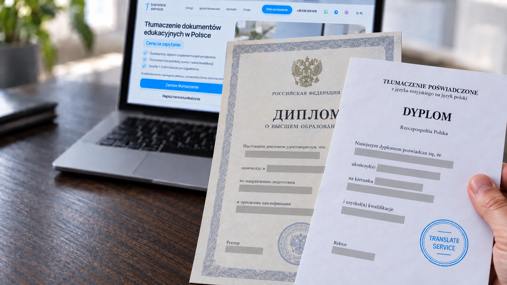 Перевод документов об образовании рядом с ноутбуком Translate Service