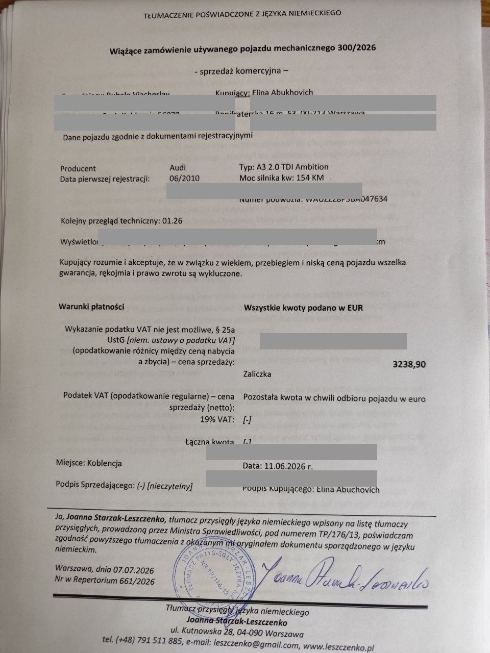 Translation of a vehicle purchase agreement from German