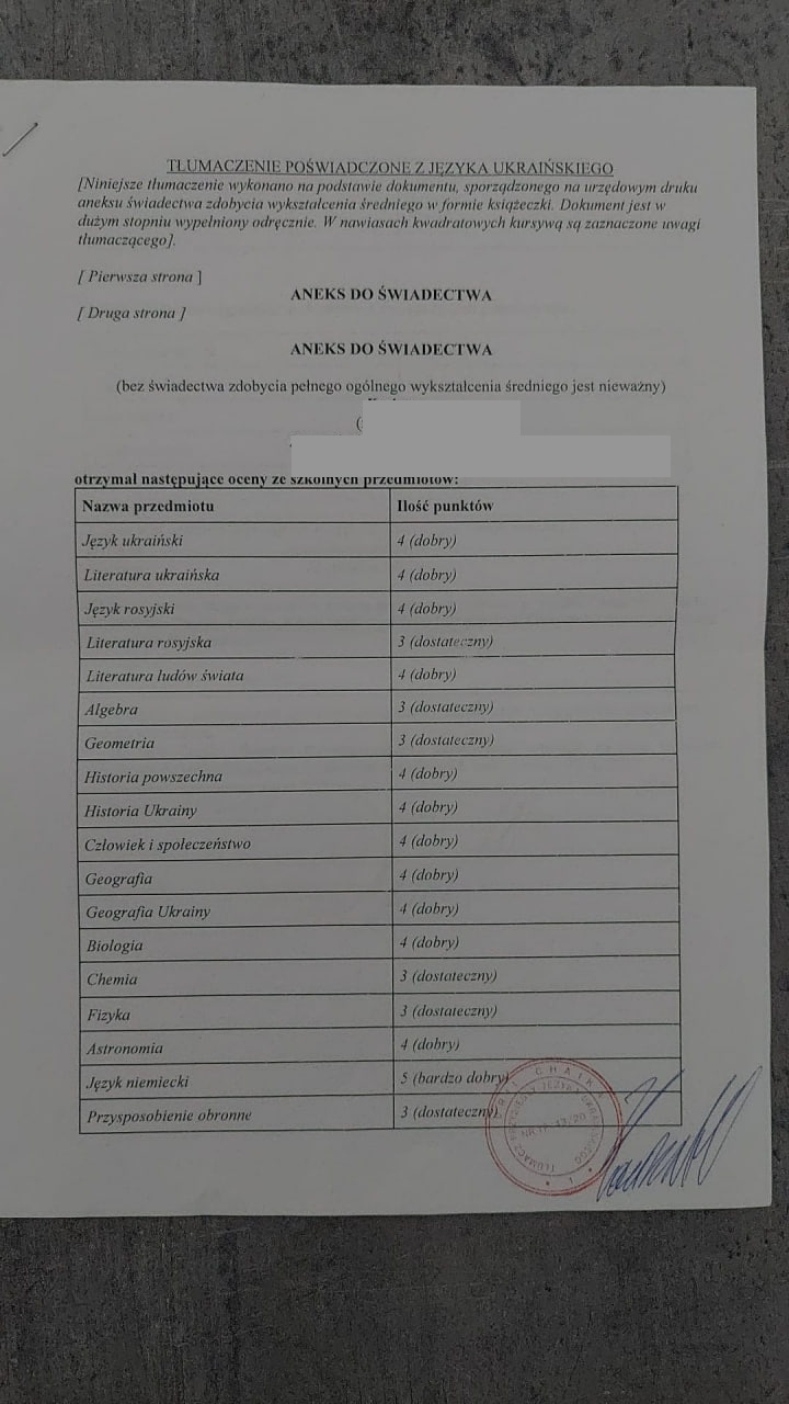 Page of a school certificate supplement with its Polish translation