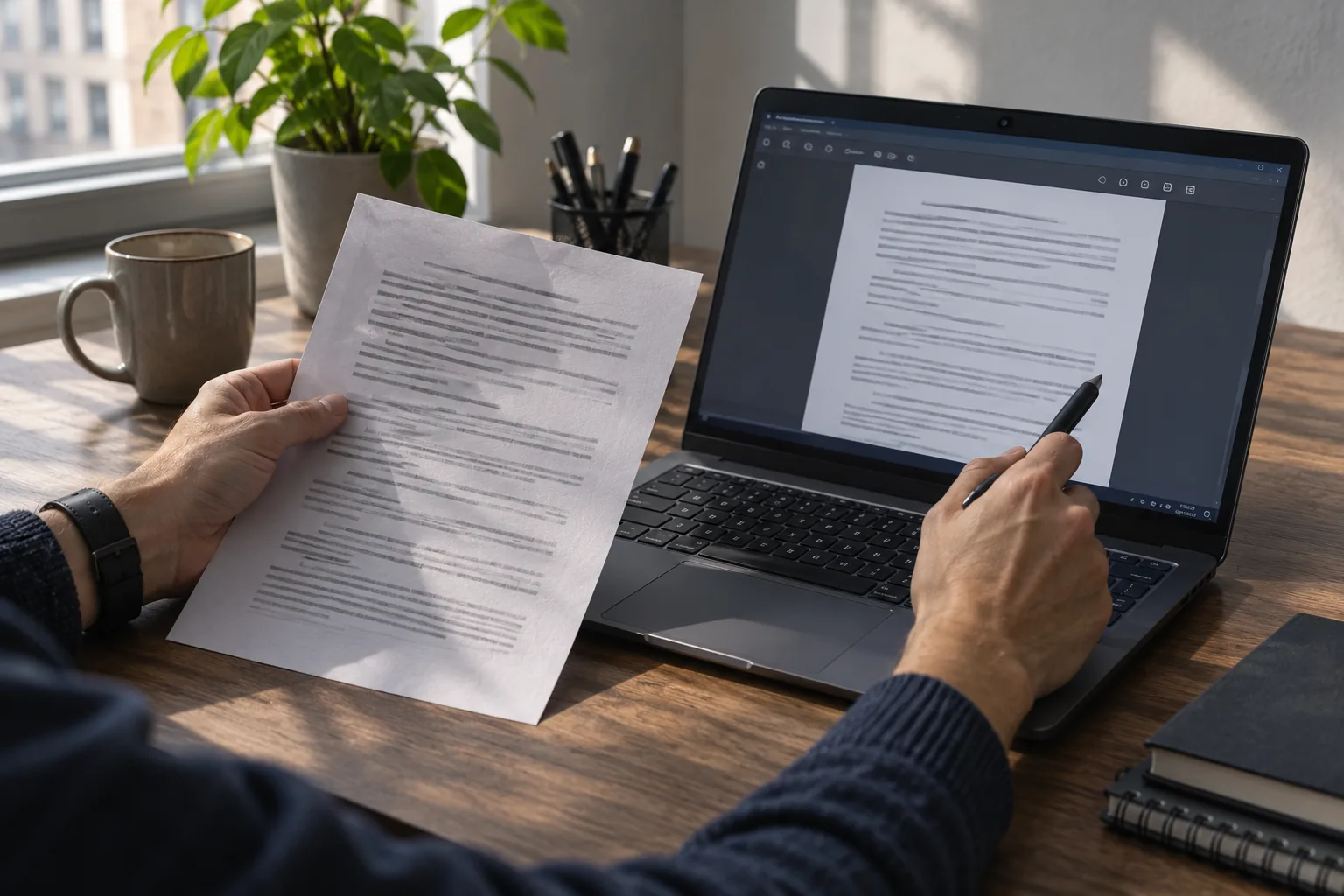Specjalista porównuje papierowy dokument z jego skanem na ekranie laptopa.
