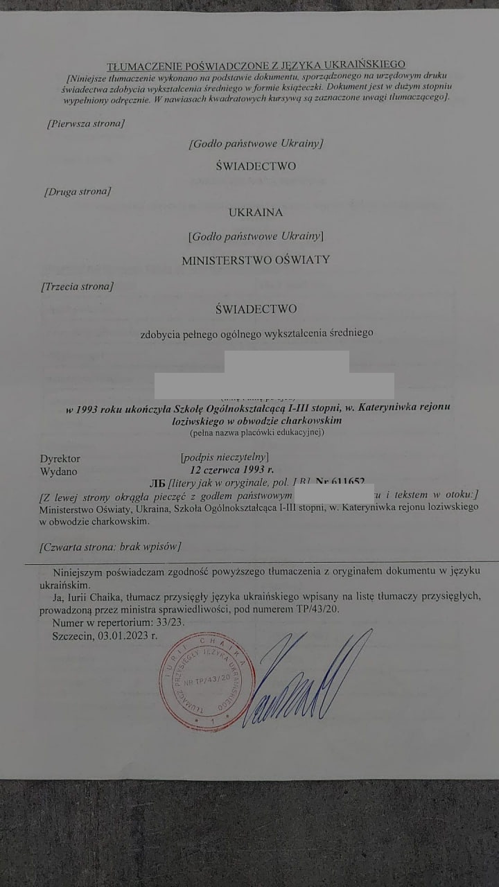 Polskie tłumaczenie ukraińskiego świadectwa szkolnego